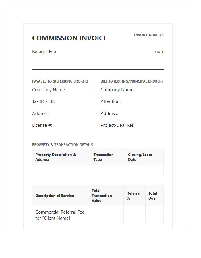 Commercial Property Referral Fee Commission Invoice Template