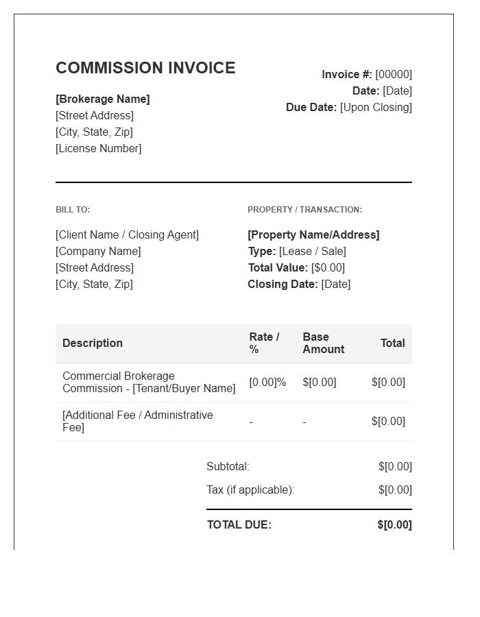 Commercial Real Estate Broker Commission Invoice Template