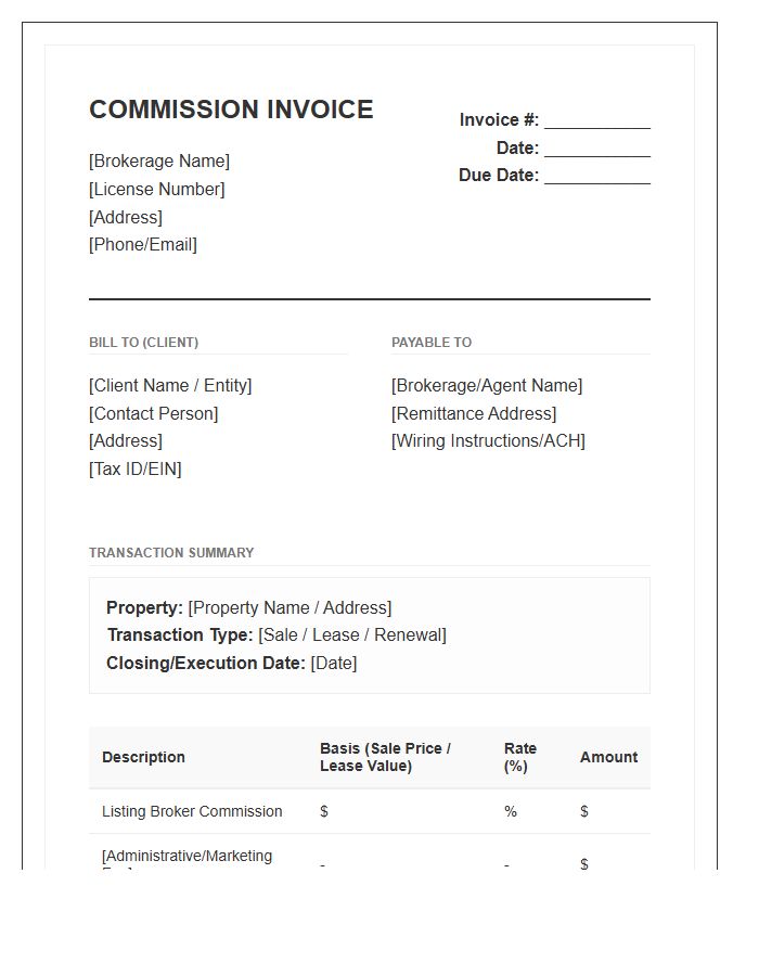 Commercial Real Estate Listing Commission Invoice Template