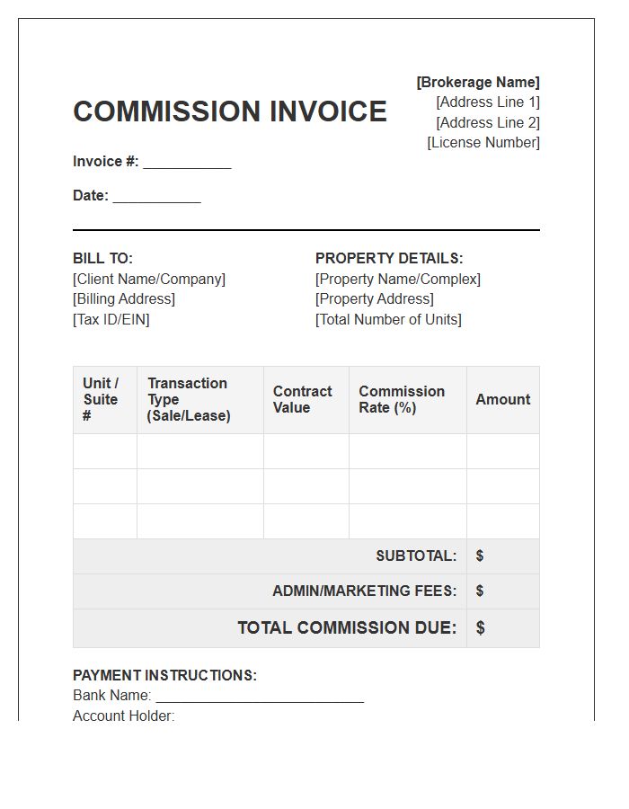 Multi Unit Commercial Property Commission Invoice Template