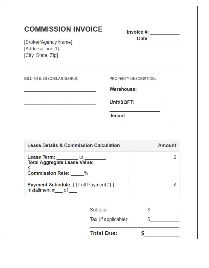 Warehouse Lease Commission Payment Invoice Template