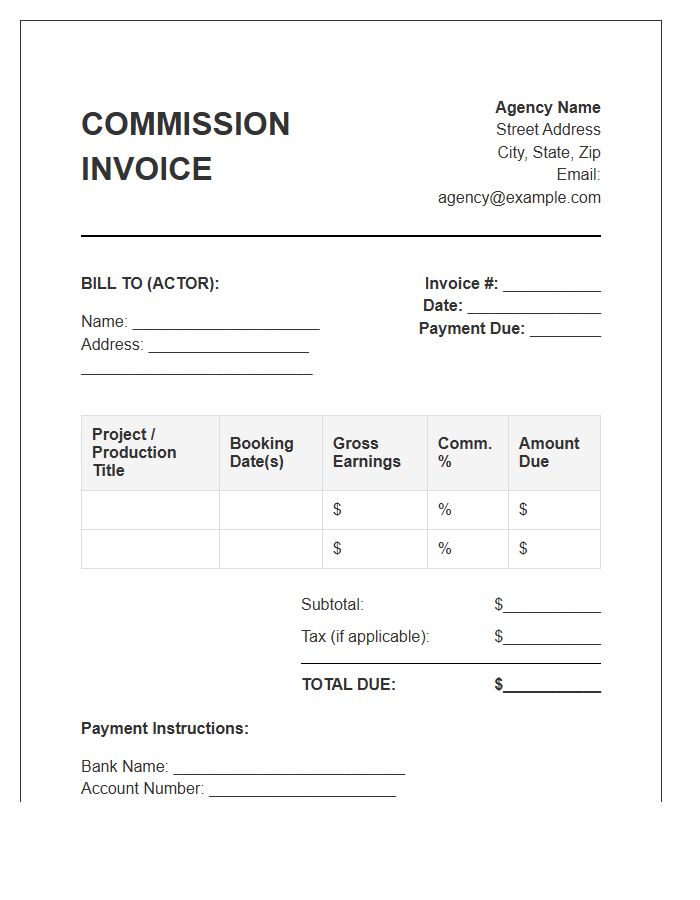 Actor Representation Commission Invoice Template