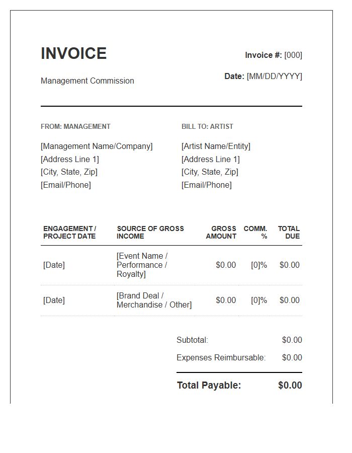 Artist Management Commission Invoice Template