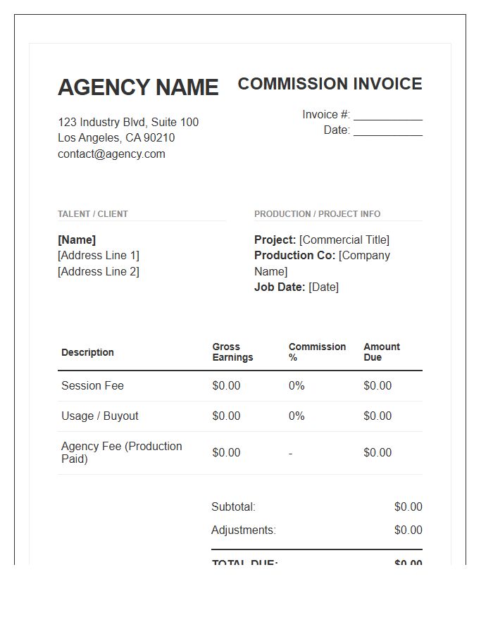 Commercial Talent Representation Commission Invoice Template