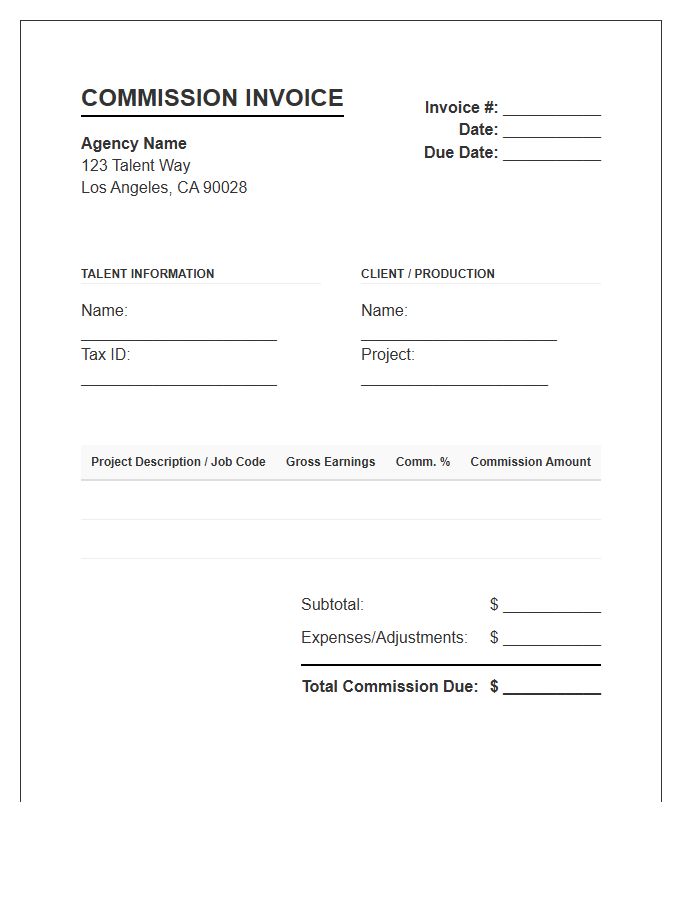 Corporate Talent Representation Commission Invoice Template