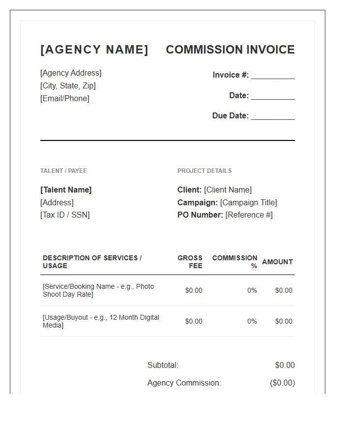Creative Agency Talent Commission Invoice Template