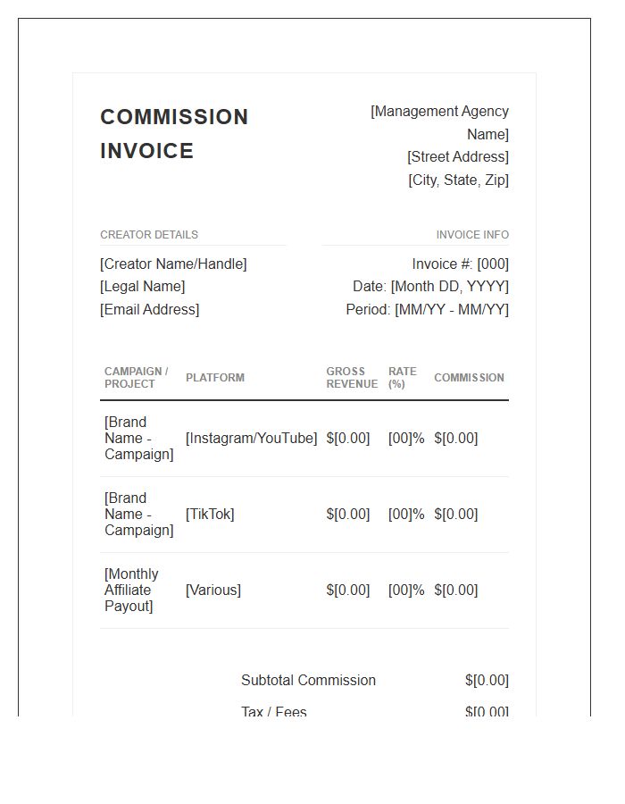 Digital Creator Management Commission Invoice Template