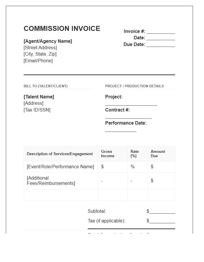 Entertainment Agent Commission Invoice Template