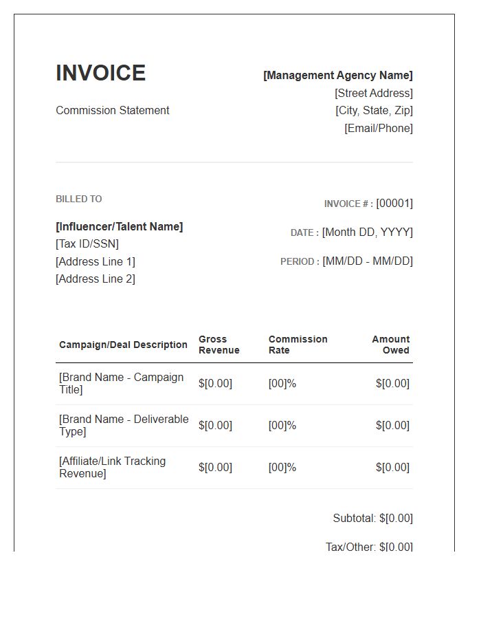 Influencer Management Commission Invoice Template