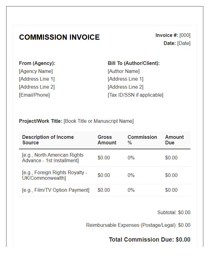 Literary Agent Commission Invoice Template