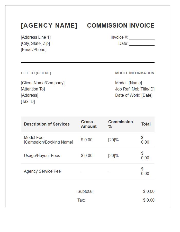 Modeling Agency Commission Invoice Template
