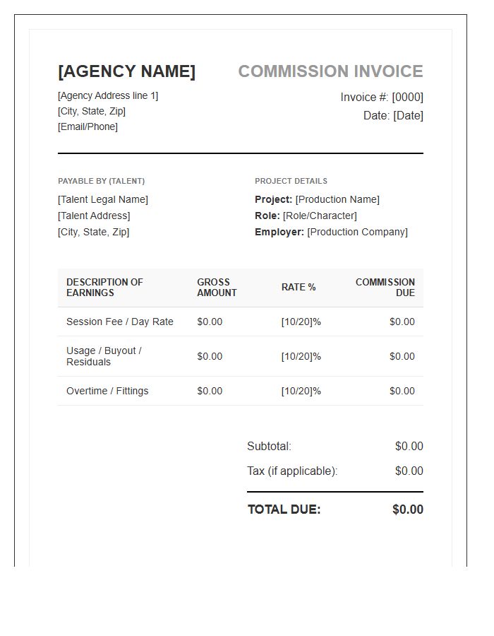 Professional Talent Agent Commission Invoice Template