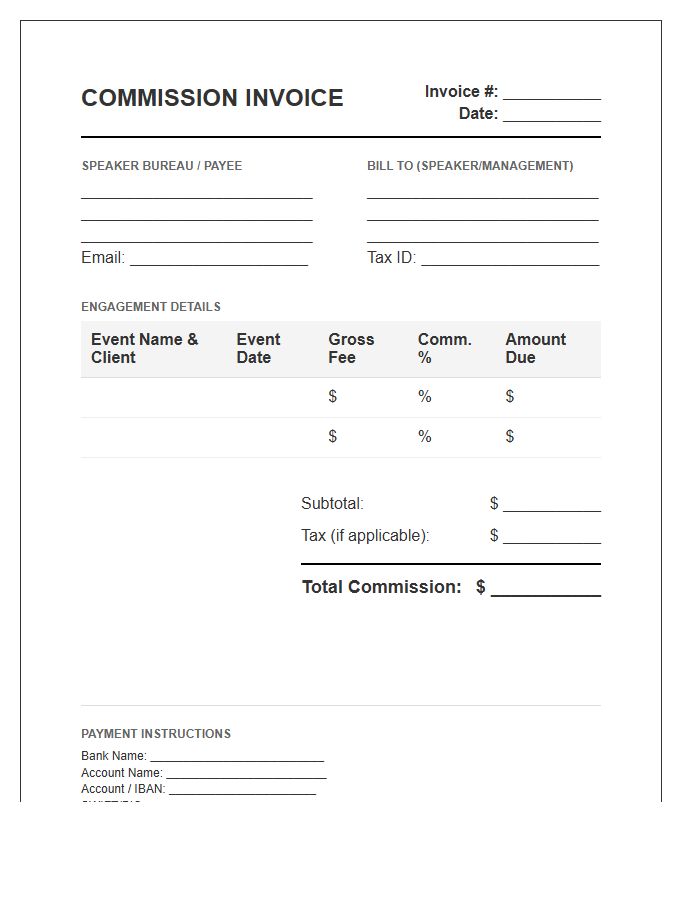 Speaker Bureau Commission Invoice Template