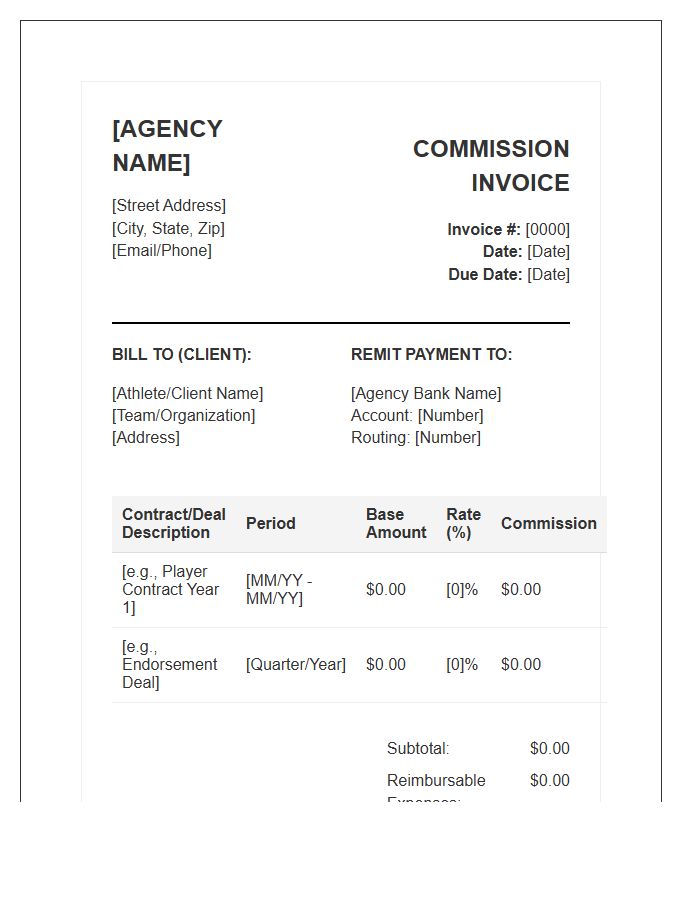 Sports Agent Representation Commission Invoice Template