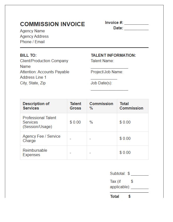 Standard Talent Commission Invoice Template