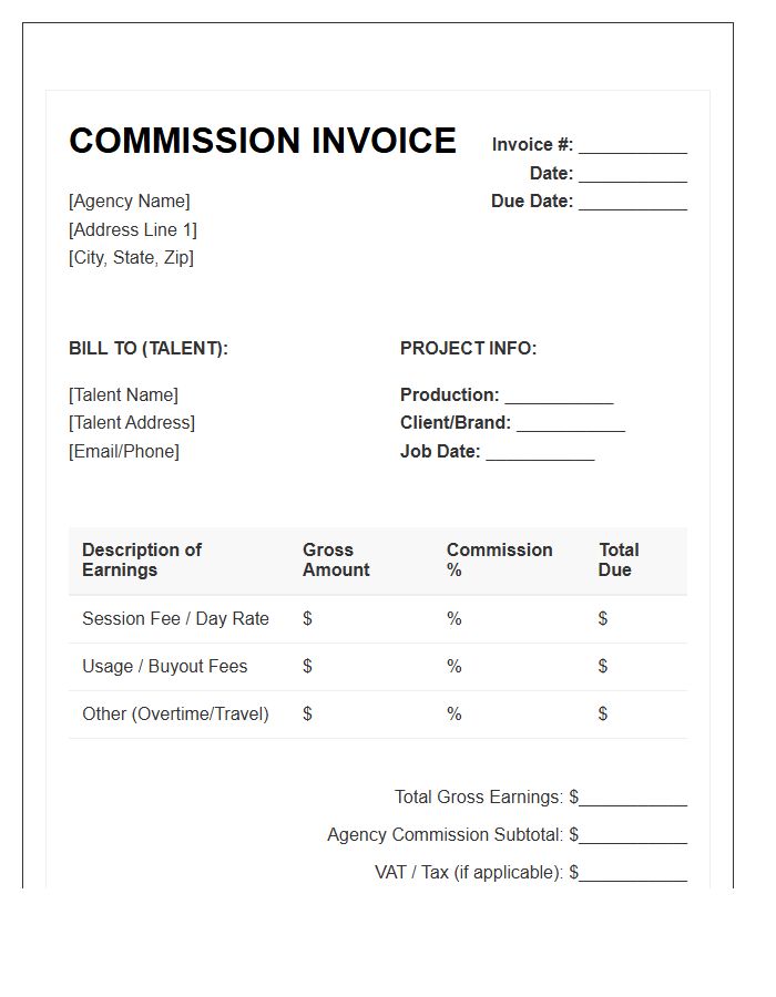 Talent Agency Commission Invoice Template