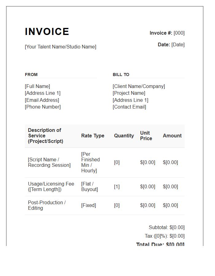 Voiceover Talent Commission Invoice Template