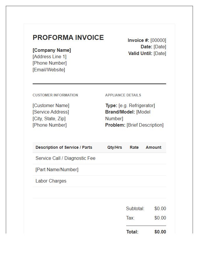 Appliance Repair Service Proforma Invoice Template