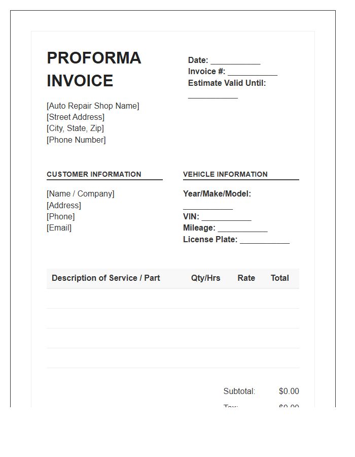 Auto Repair Services Proforma Invoice Template