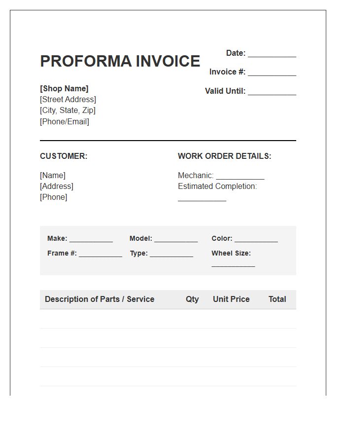 Bicycle Repair Shop Proforma Invoice Template
