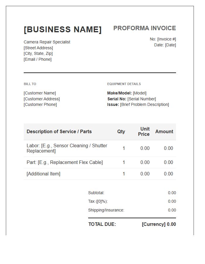 Camera Repair Specialist Proforma Invoice Template