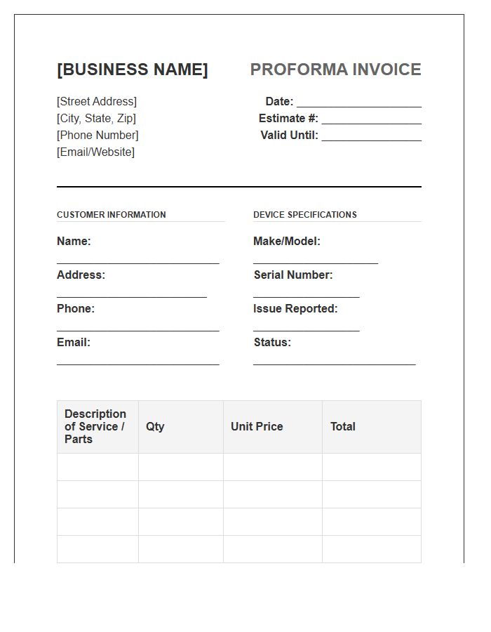 Computer Repair Business Proforma Invoice Template