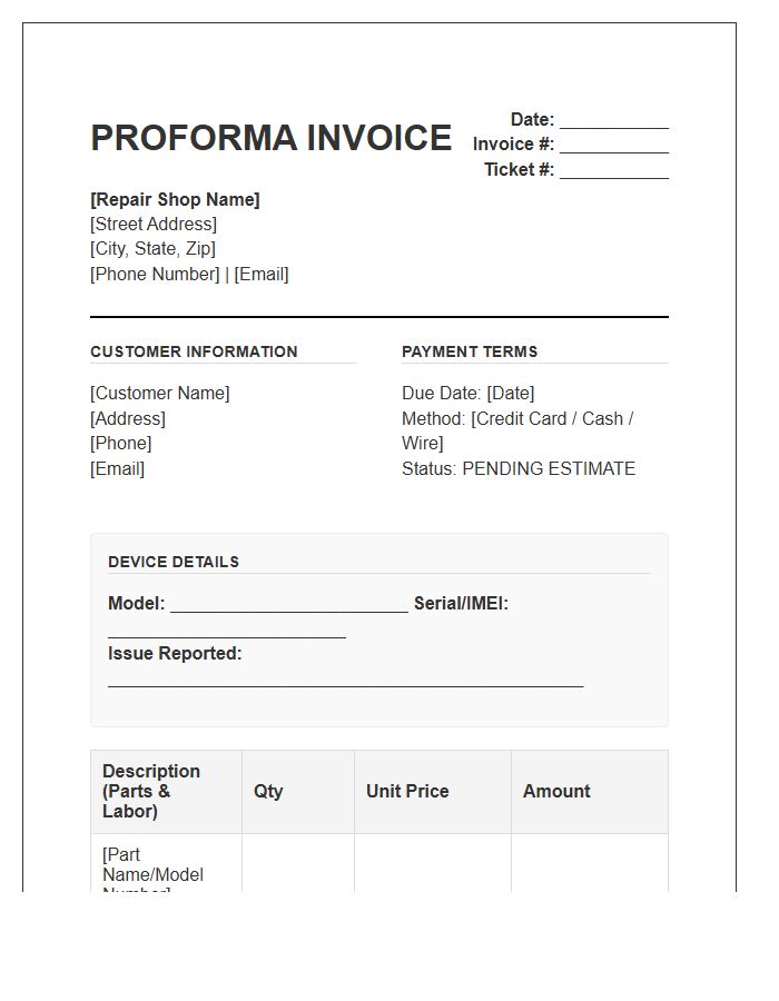 Electronic Device Repair Proforma Invoice Template
