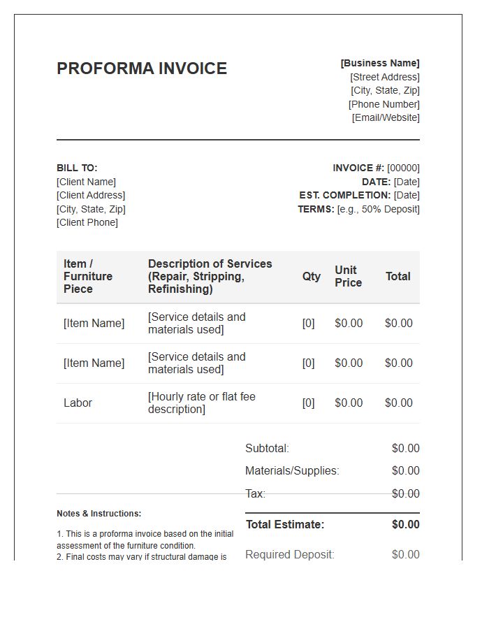 Furniture Restoration And Repair Proforma Invoice Template