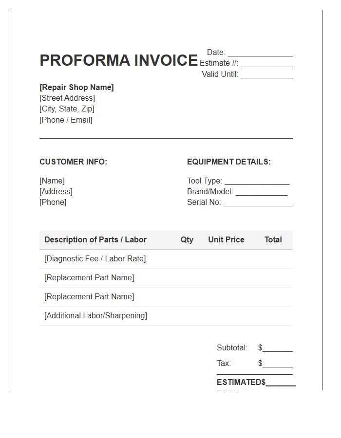 Garden Tool Repair Proforma Invoice Template