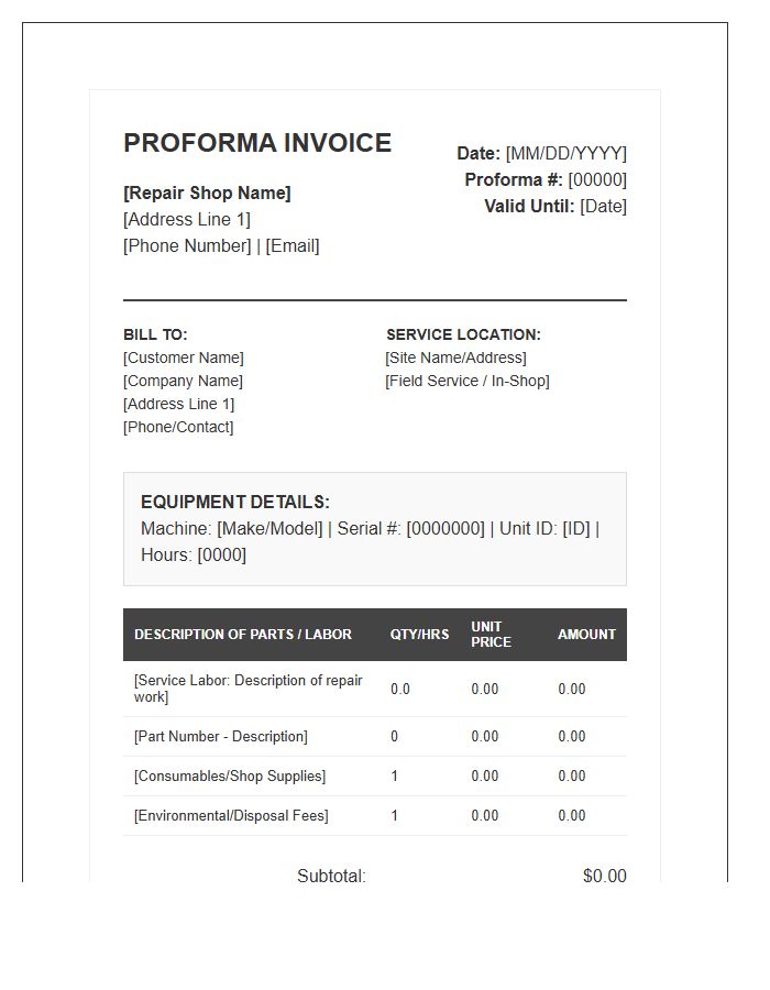 Heavy Equipment Repair Proforma Invoice Template