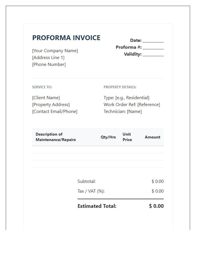 Home Maintenance Proforma Invoice Template