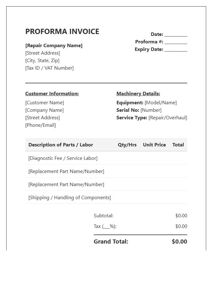 Industrial Machinery Repair Proforma Invoice Template