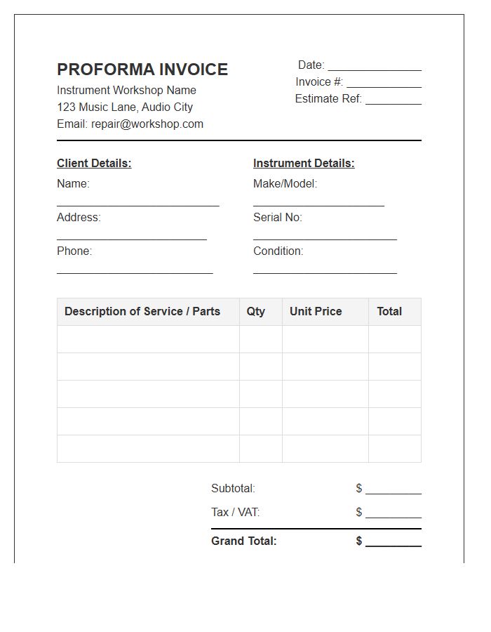 Instrument Repair Workshop Proforma Invoice Template