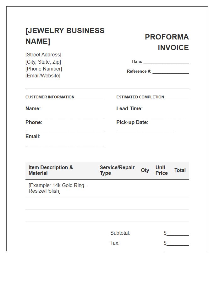 Jewelry Repair Business Proforma Invoice Template
