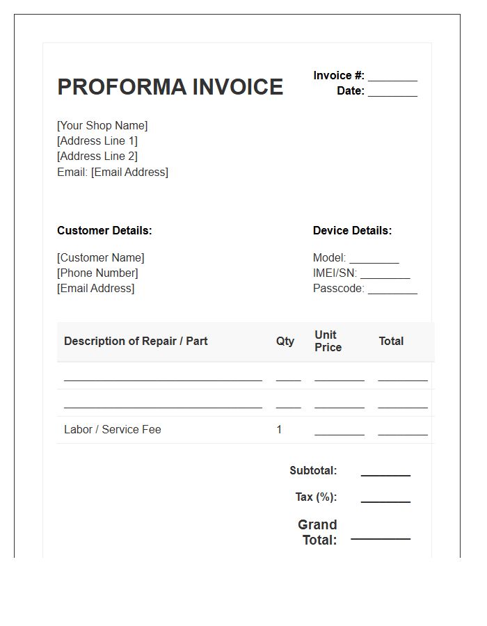 Mobile Phone Repair Proforma Invoice Template
