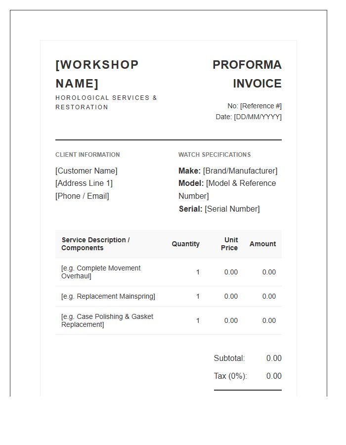 Professional Watch Repair Proforma Invoice Template