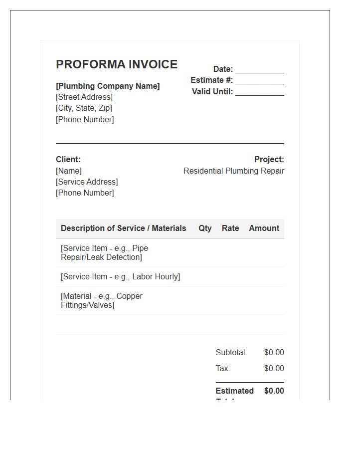 Residential Plumbing Repair Proforma Invoice Template