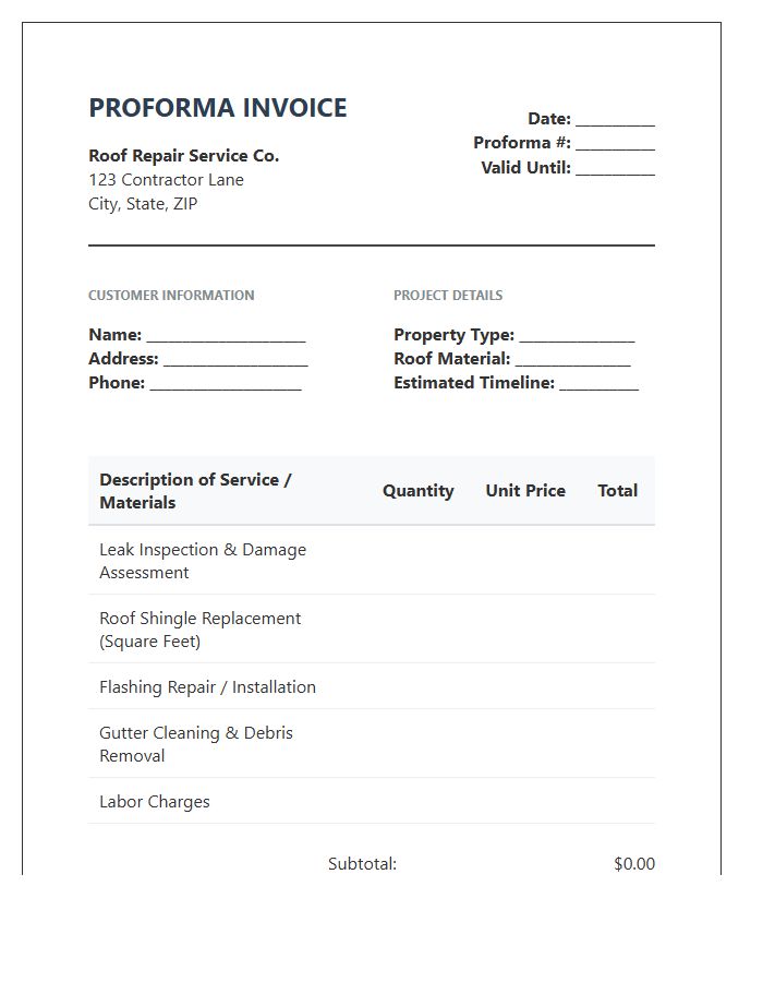 Roof Repair Service Proforma Invoice Template