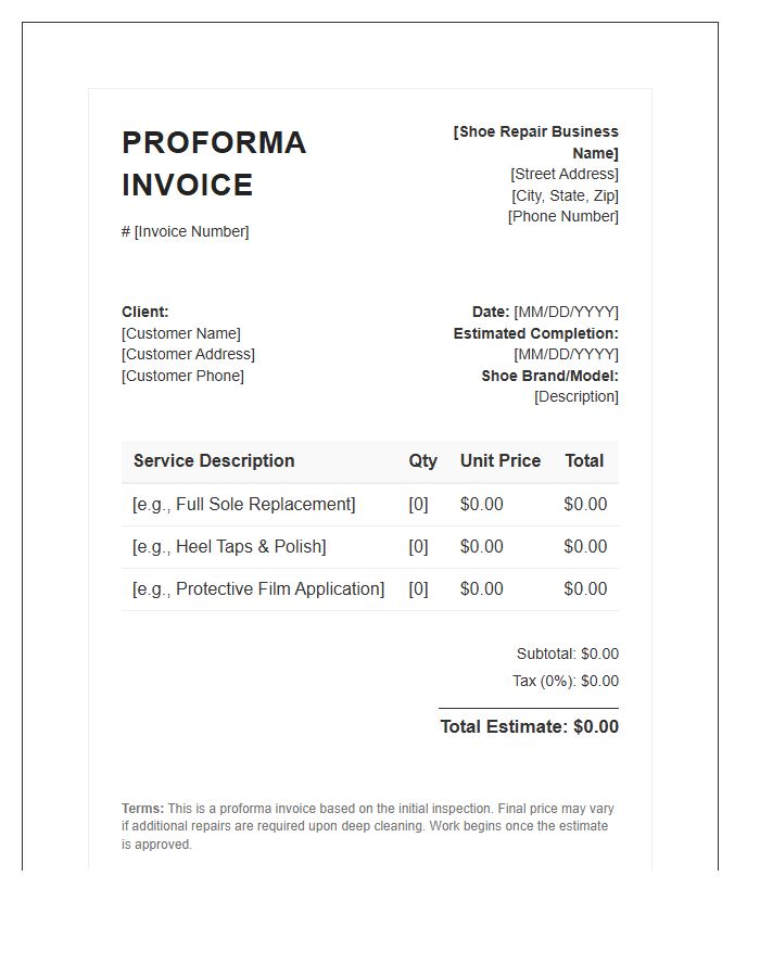 Shoe Repair Service Proforma Invoice Template