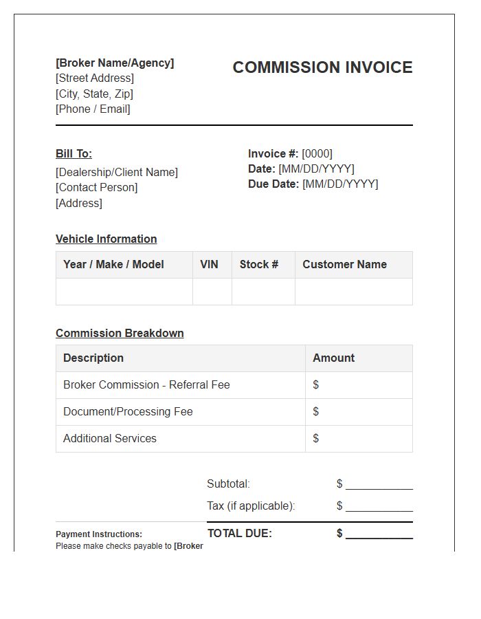 Auto Broker Commission Invoice Template
