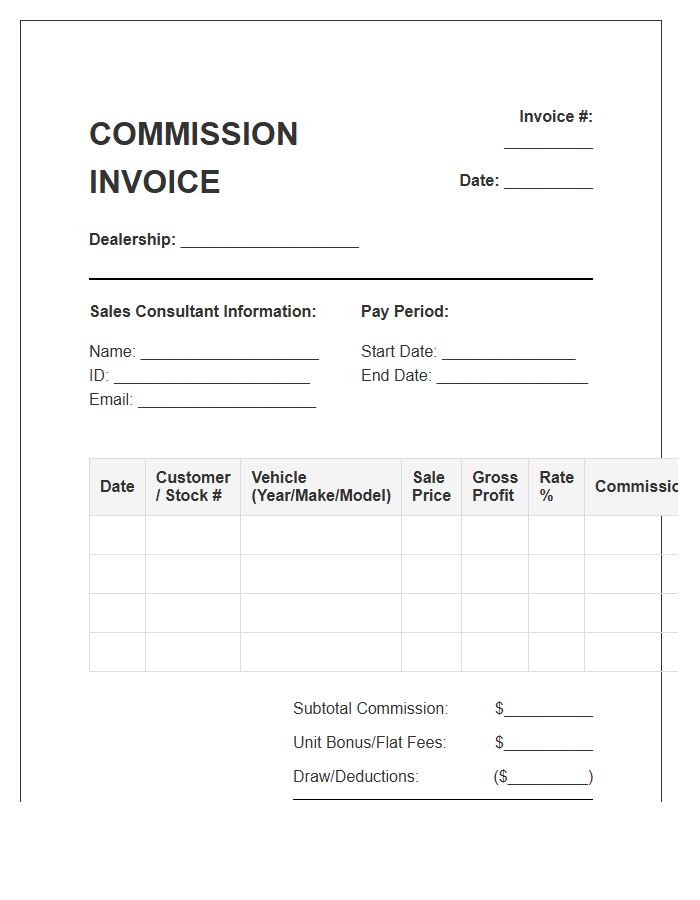 Auto Sales Consultant Commission Invoice Template