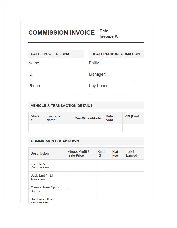 Automobile Sales Professional Commission Invoice Template