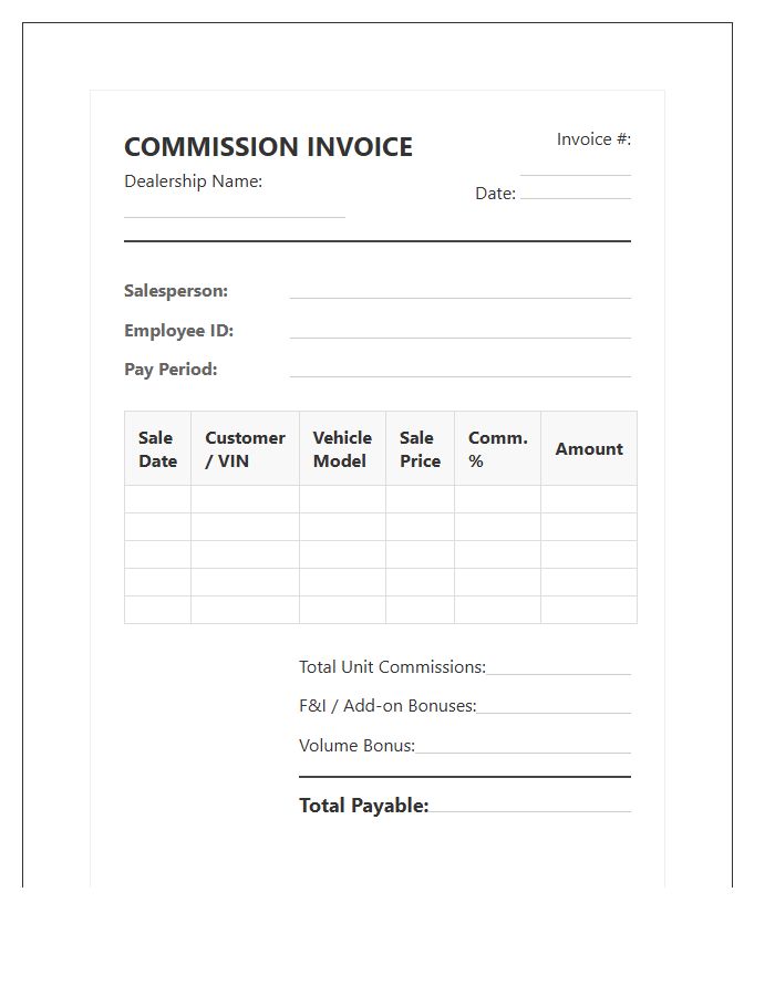 Car Dealership Commission Invoice Template