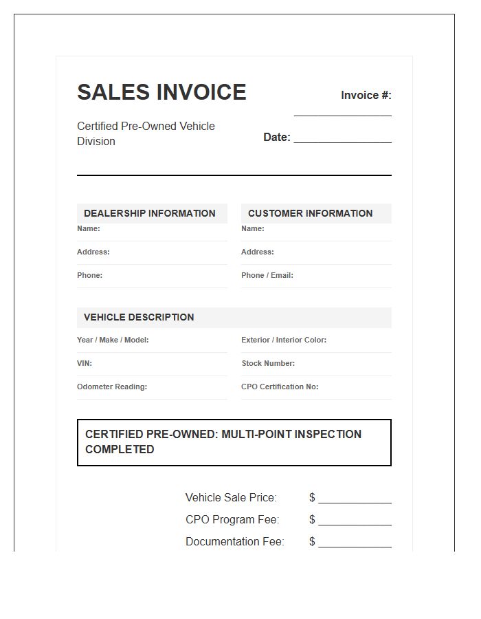 Certified Pre Owned Vehicle Sales Invoice Template