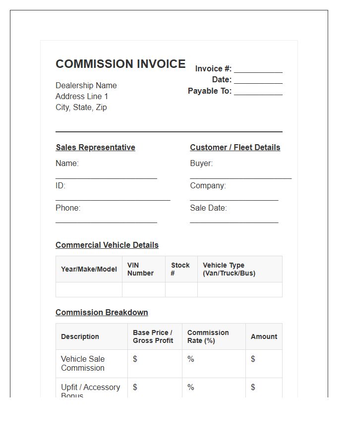 Commercial Vehicle Sales Commission Invoice Template