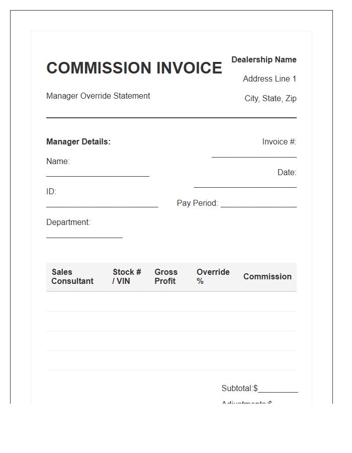 Dealership Manager Override Commission Invoice Template