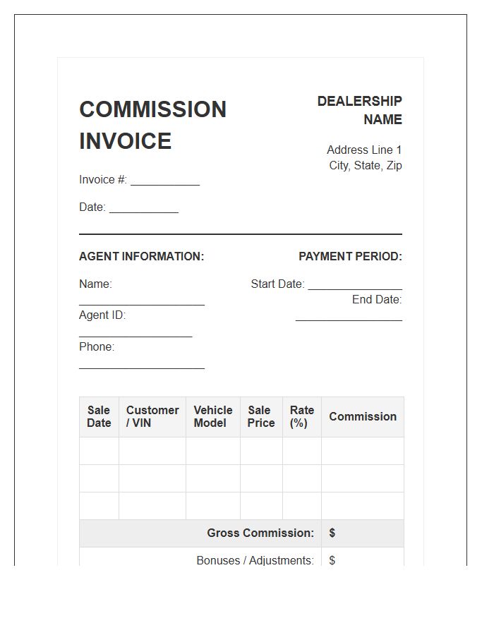 Dealership Sales Agent Commission Invoice Template