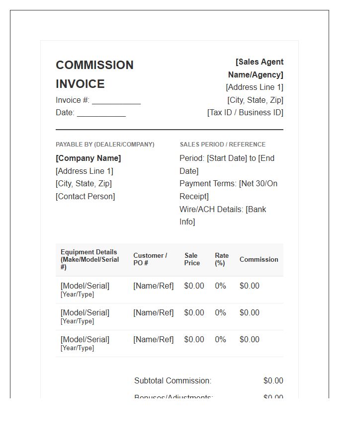 Heavy Equipment Sales Commission Invoice Template