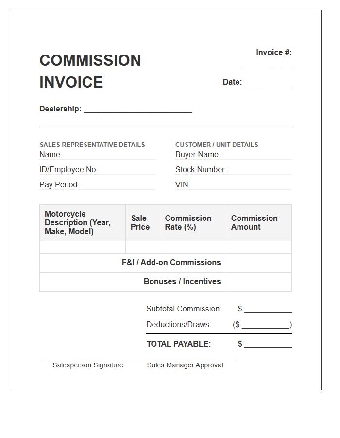 Motorcycle Sales Commission Invoice Template