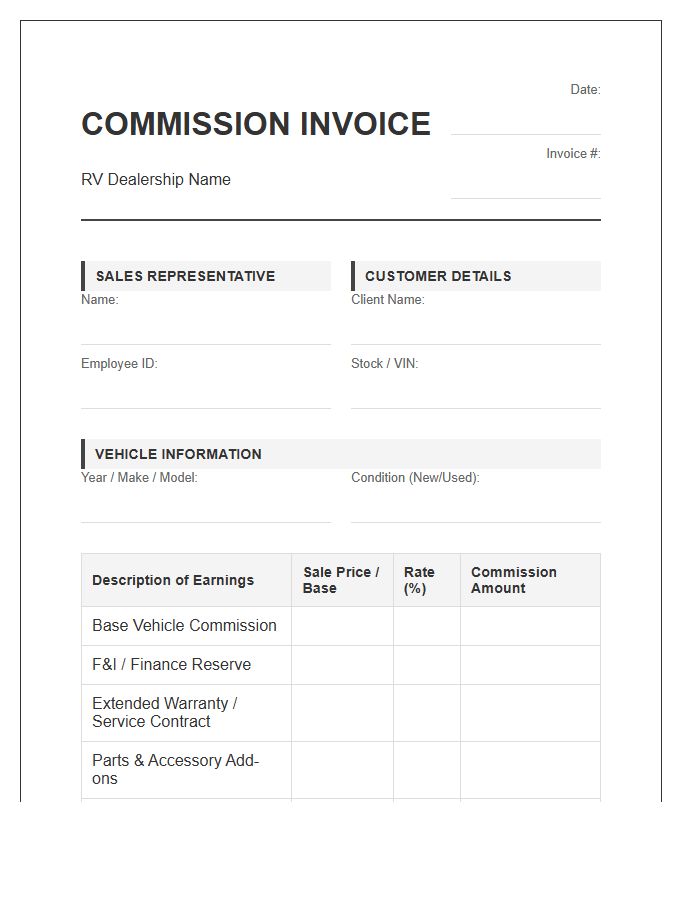 Recreational Vehicle Sales Commission Invoice Template